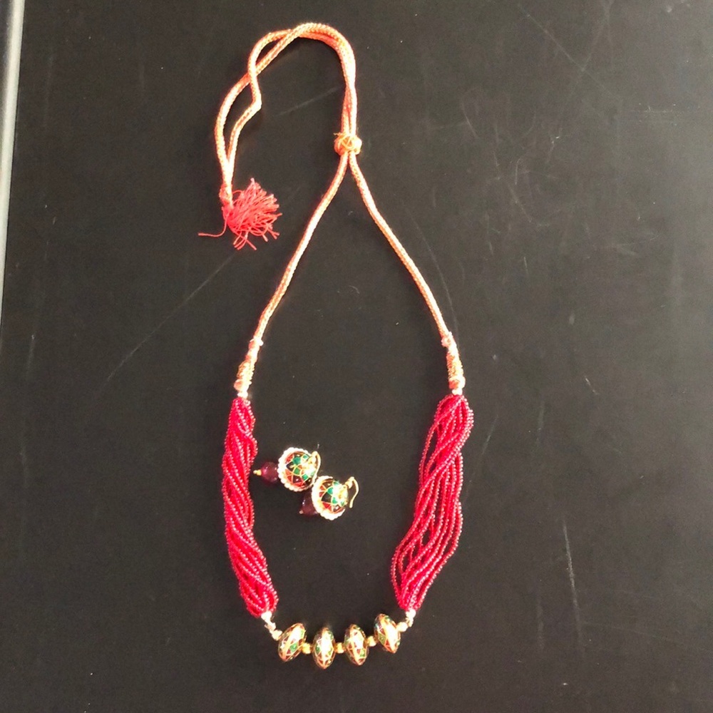 red beads layered necklace with earring set Indian jewelry